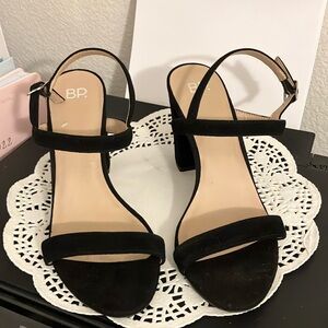 BP. Black Suede Leather LuLu Ankle Strap Open Toe Stack Heels Size 9M